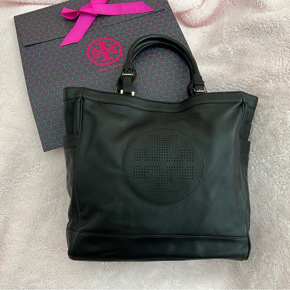 EUC Tory Burch Black Pebbled Leather Kipp Tote with Perforated Tory Burch Logo